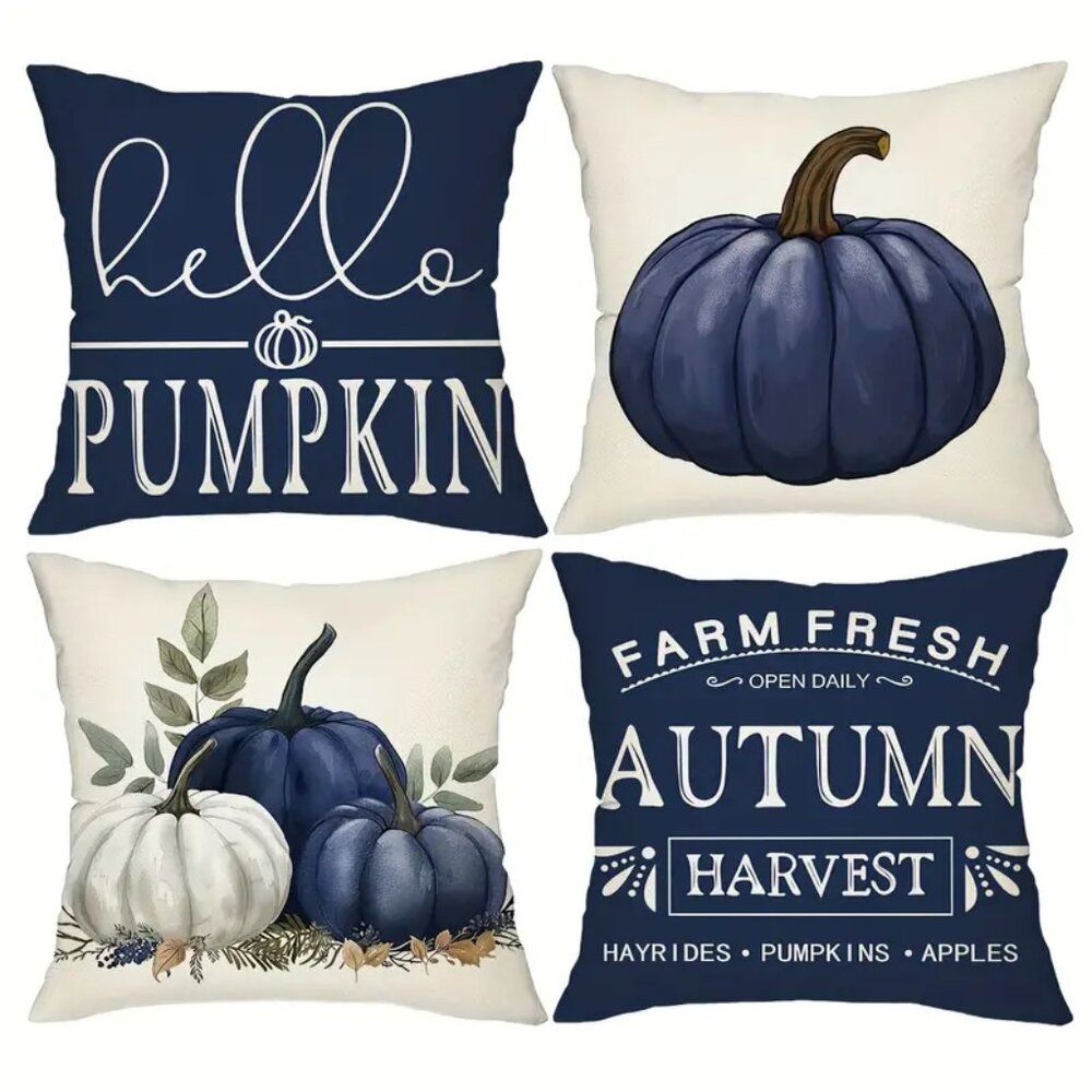 Fall Blue Pumpkin Throw Pillow Covers,
